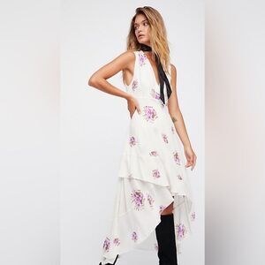 Free People White and Purple Floral High Low V-Neck Ruffle Dress Women’s Size 6